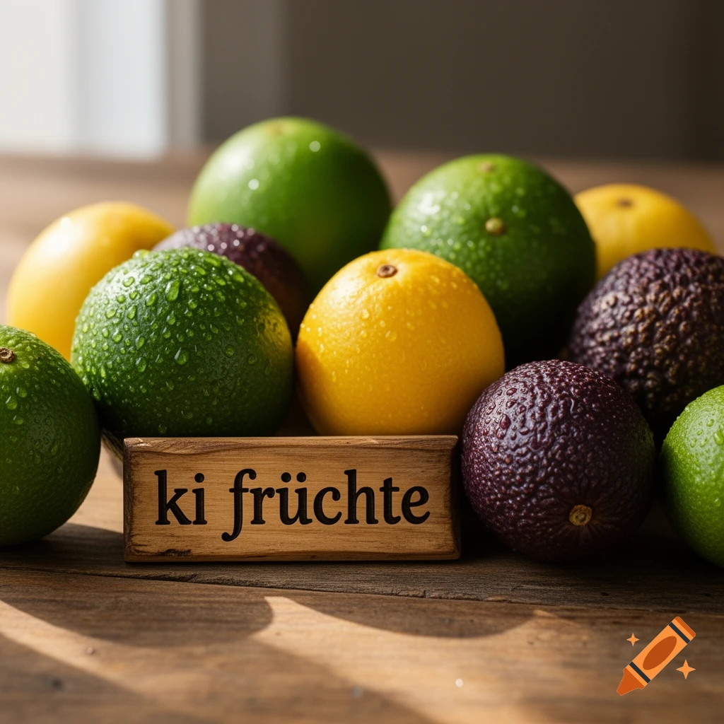 A close-up, photorealistic shot of various wet citrus and exotic fruits, including limes, lemons, and darker textured fruits, with a wooden sign reading 'ki früchte' in the foreground.