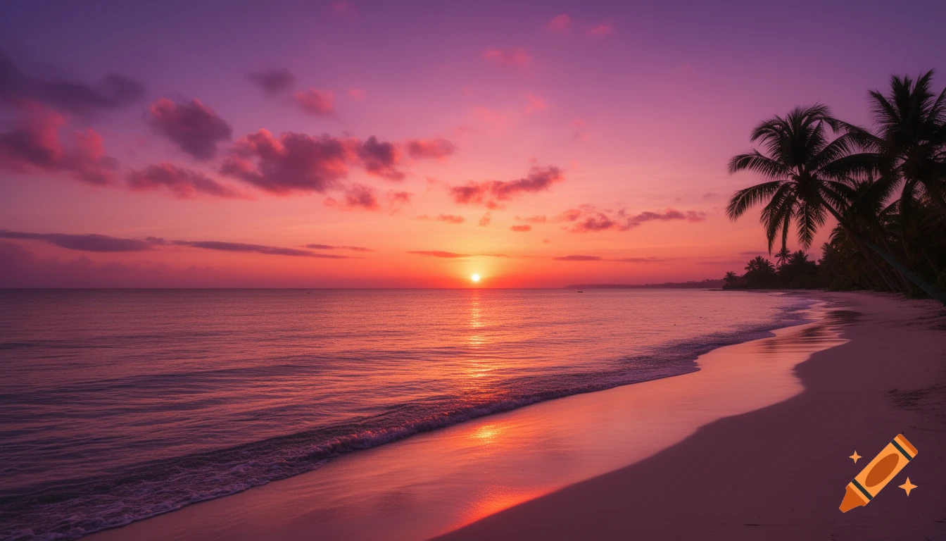 Photorealistic tropical sunset over a calm ocean and sandy beach with palm trees, featuring vibrant pink and orange skies.