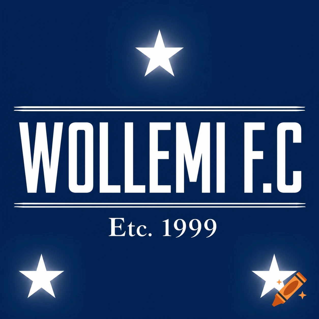 A blue square logo with 'WOLLEMI F.C' in white, 'Etc. 1999', and three glowing white stars.