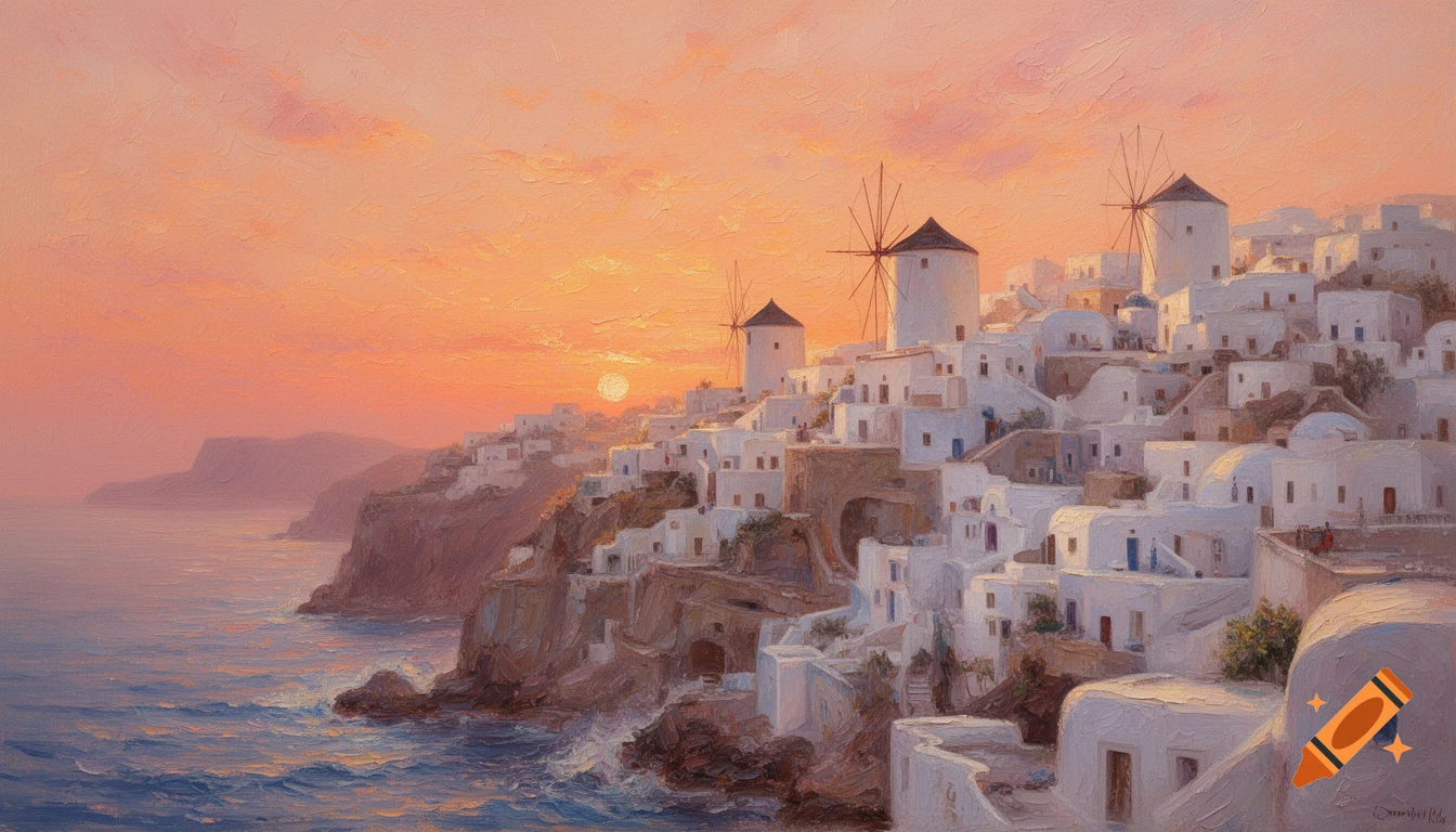Oil painting of a whitewashed cliffside village with windmills by the sea at sunset, featuring a warm orange-pink sky and textured brushstrokes.