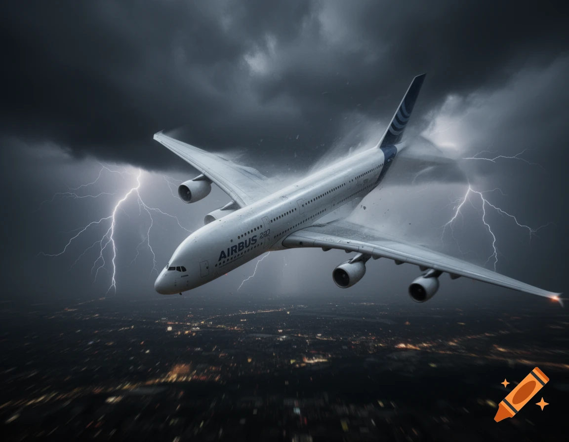 Photorealistic image of a white Airbus A380 airplane flying through a dark, stormy sky with lightning over a blurred city at night.