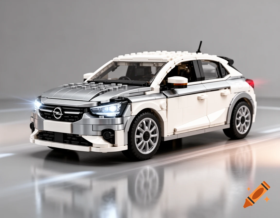 A white and silver Lego model of an Opel Corsa car with glowing headlights, on a reflective grey surface.