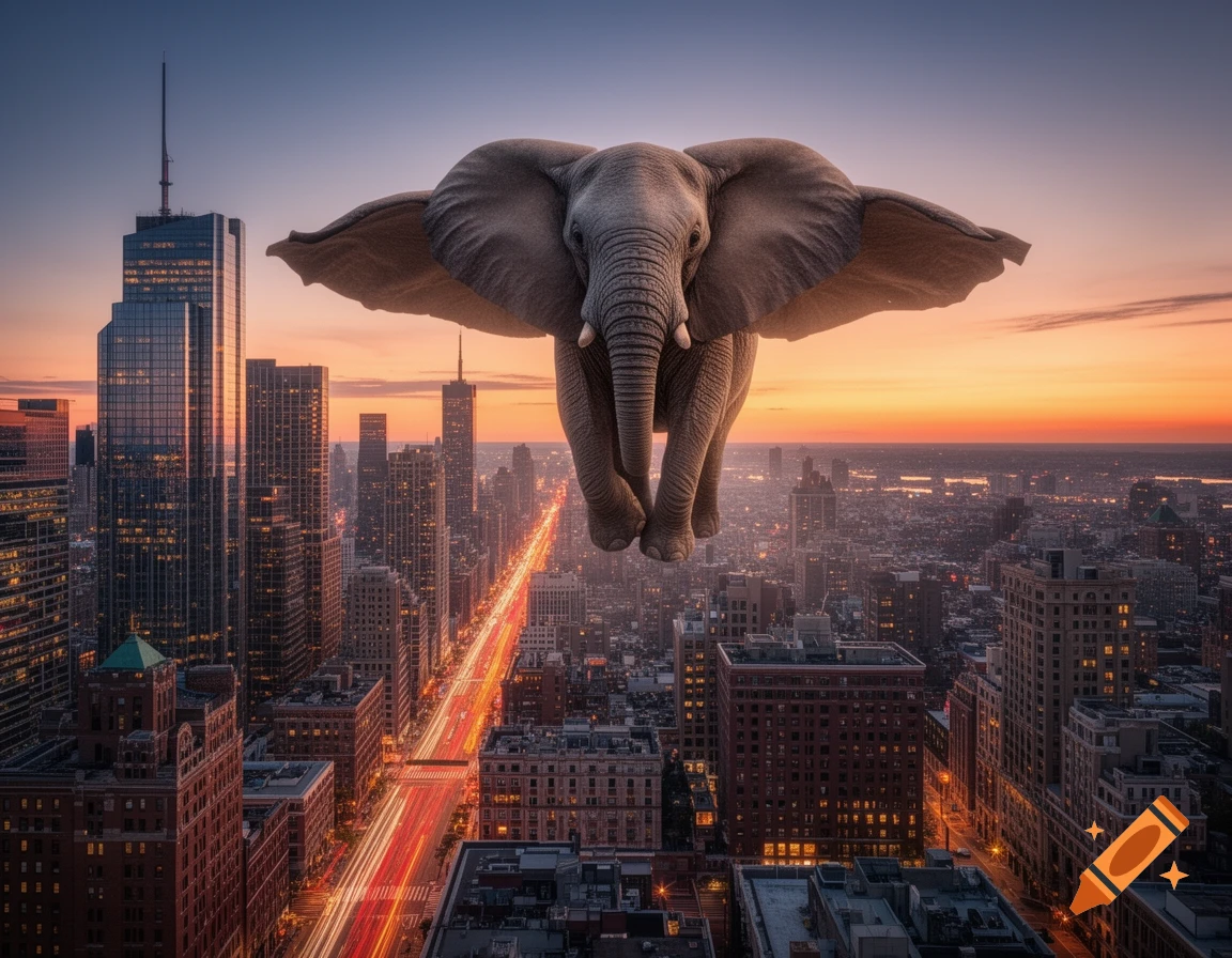 A photorealistic flying elephant with large ears soars over a city skyline at sunset, light trails visible on the streets.