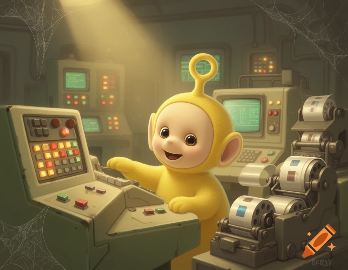 Laa-Laa the Teletubby cheerfully operates a vintage mainframe computer in a dusty control room.