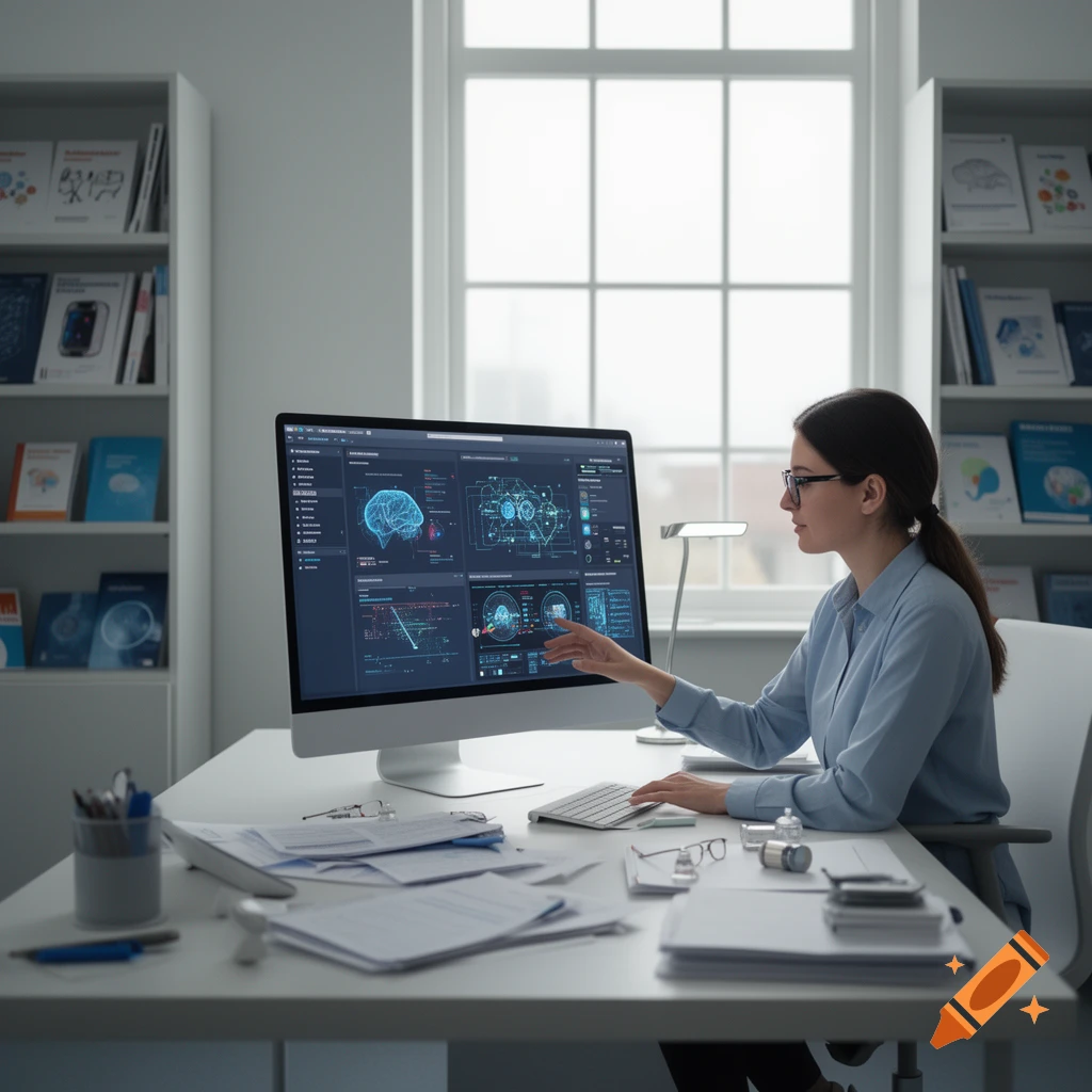 A woman in a blue shirt and glasses sits at a desk in a modern office, pointing at a computer screen displaying AI-related data dashboards.