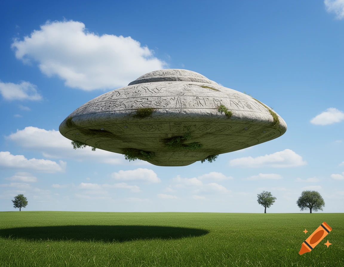 A photorealistic stone UFO with ancient carvings hovers over a vibrant green field with a few trees under a clear blue sky.
