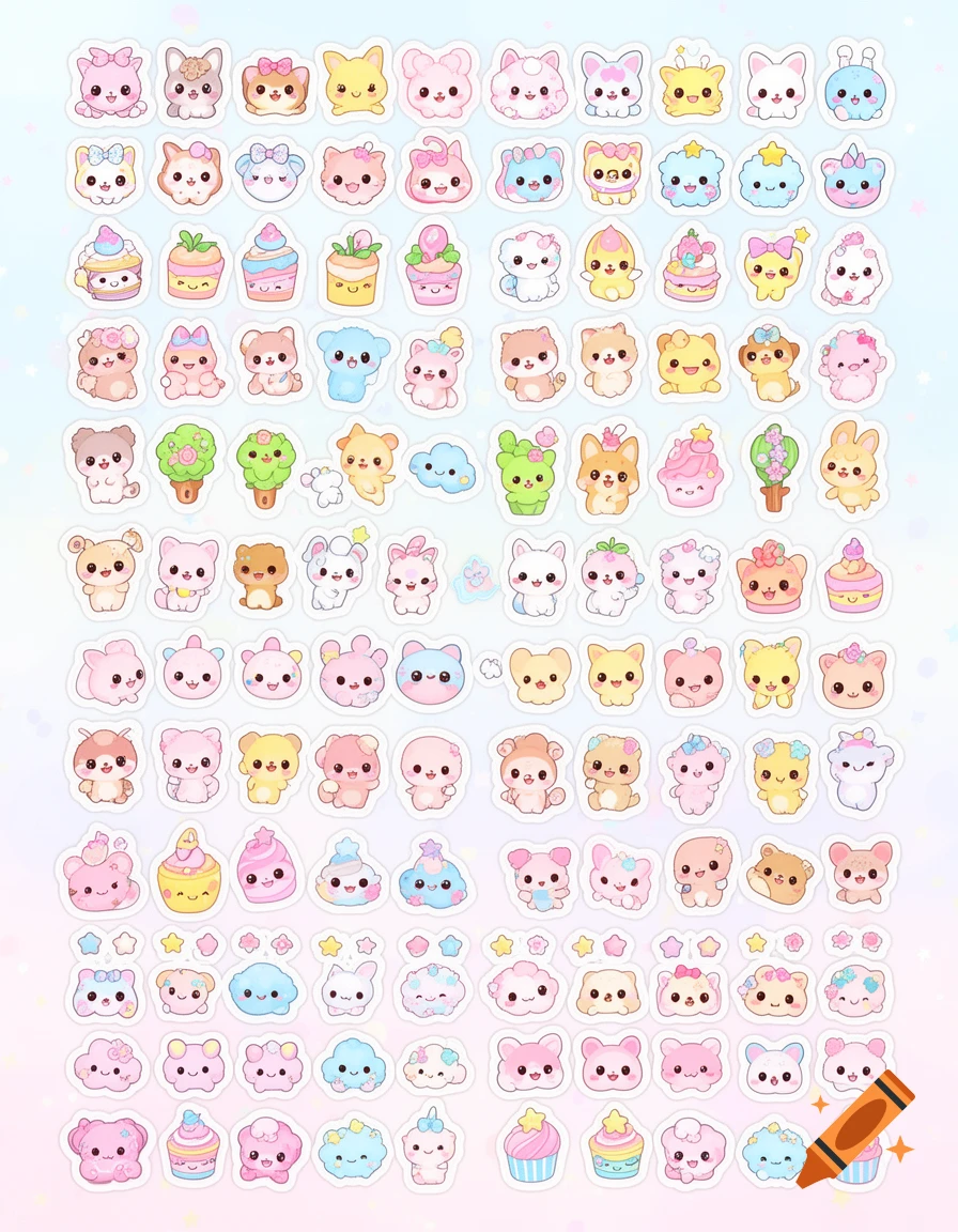 A grid of numerous pastel-colored kawaii cartoon animal and dessert stickers on an A4 sheet.