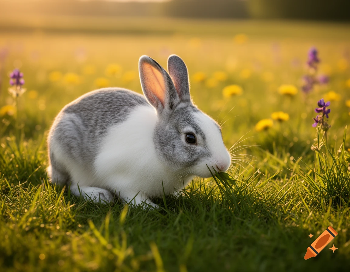 A photorealistic white and gray bunny eats grass in a sunny field with yellow dandelions and purple flowers.