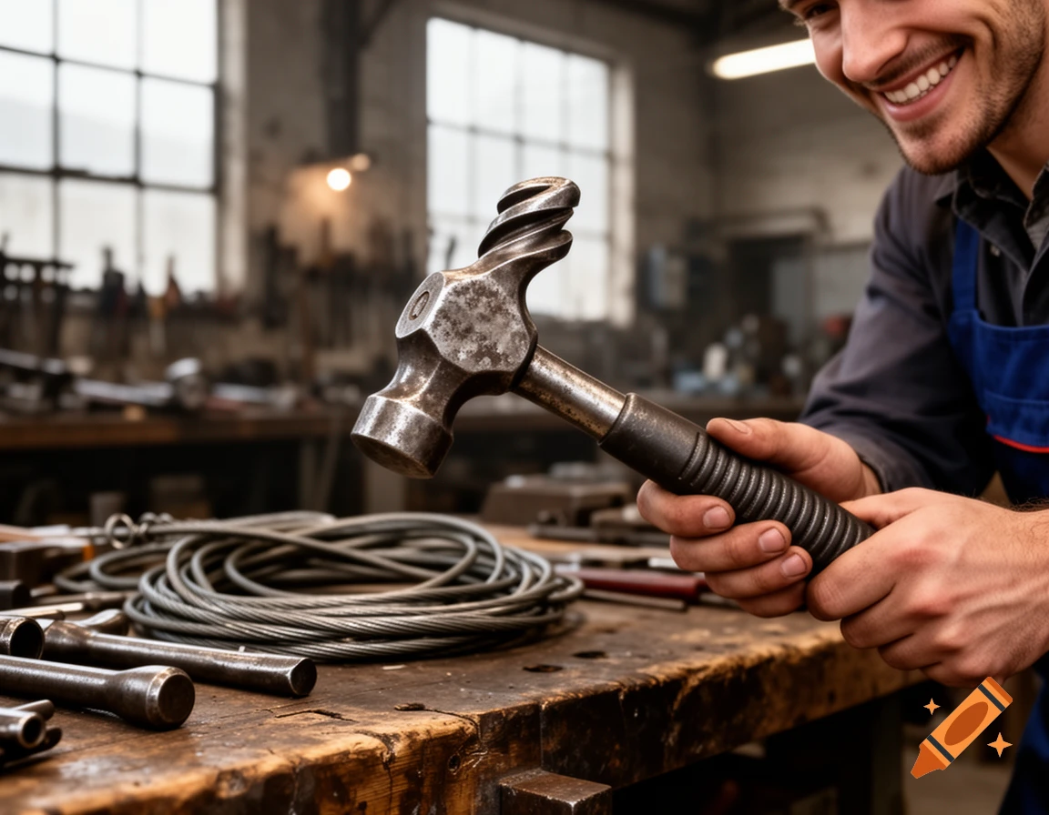 A smiling man in work overalls holds a unique, twisted hammer in a cluttered workshop with large windows.