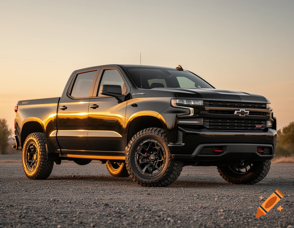 A black Chevrolet Silverado RST pickup truck with off-road tires, parked on a gravel surface at sunset, realistic.