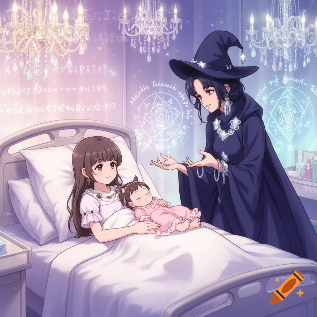 An anime-style witch stands beside a hospital bed where a girl holds a baby, surrounded by glowing magical symbols and chandeliers.