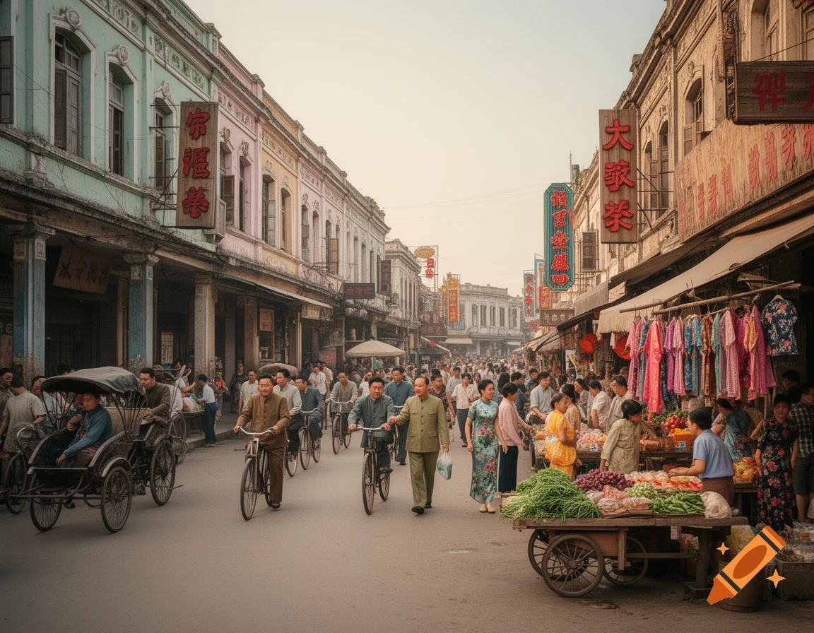 A busy street market scene in 1960s China, with people on bicycles, street vendors selling produce, and shops lining the street.