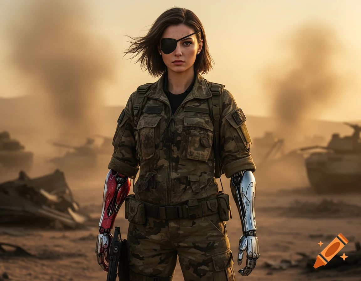 Photorealistic image of a female soldier with an eyepatch and bionic arms, standing in a dusty battlefield with tanks.
