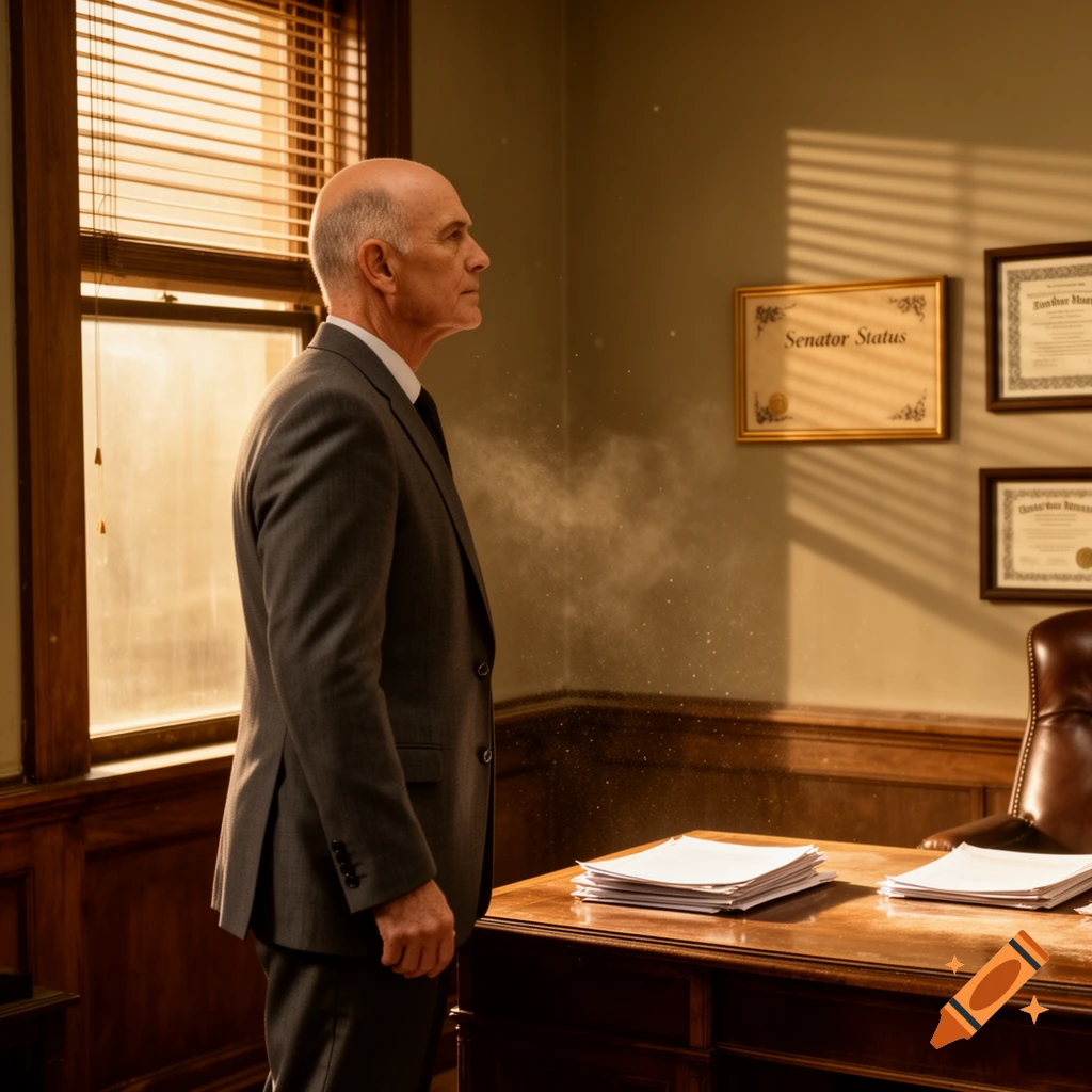 A bald man in a suit stands in an office with a "Senator Status" certificate on the wall, lit by a window.