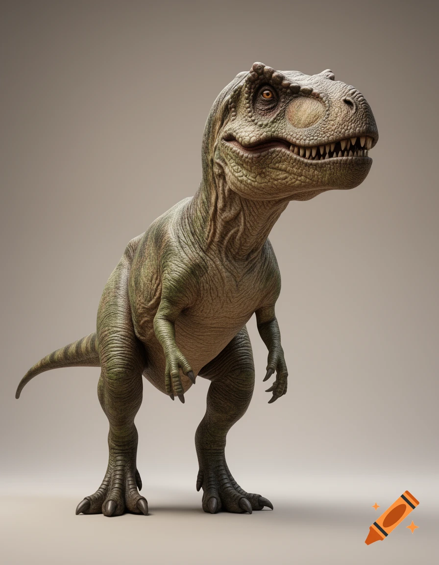 A detailed, realistic T-Rex dinosaur standing on a plain light brown background, looking to the right.