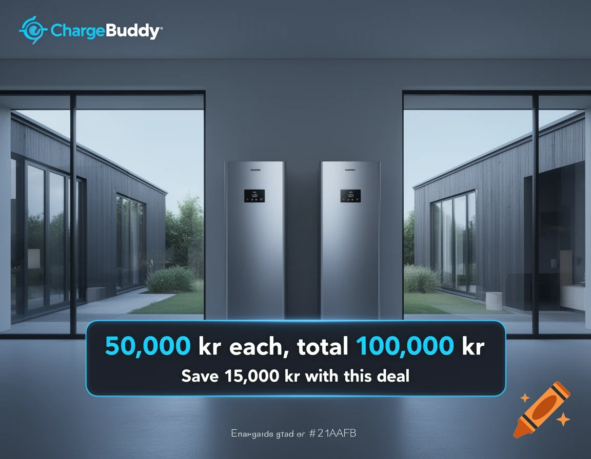 Two silver Huawei units stand indoors between large windows looking out to modern houses. A blue overlay states "50,000 kr each, total 100,000 kr Save 15,000 kr with this deal." The ChargeBuddy logo is in the top left.