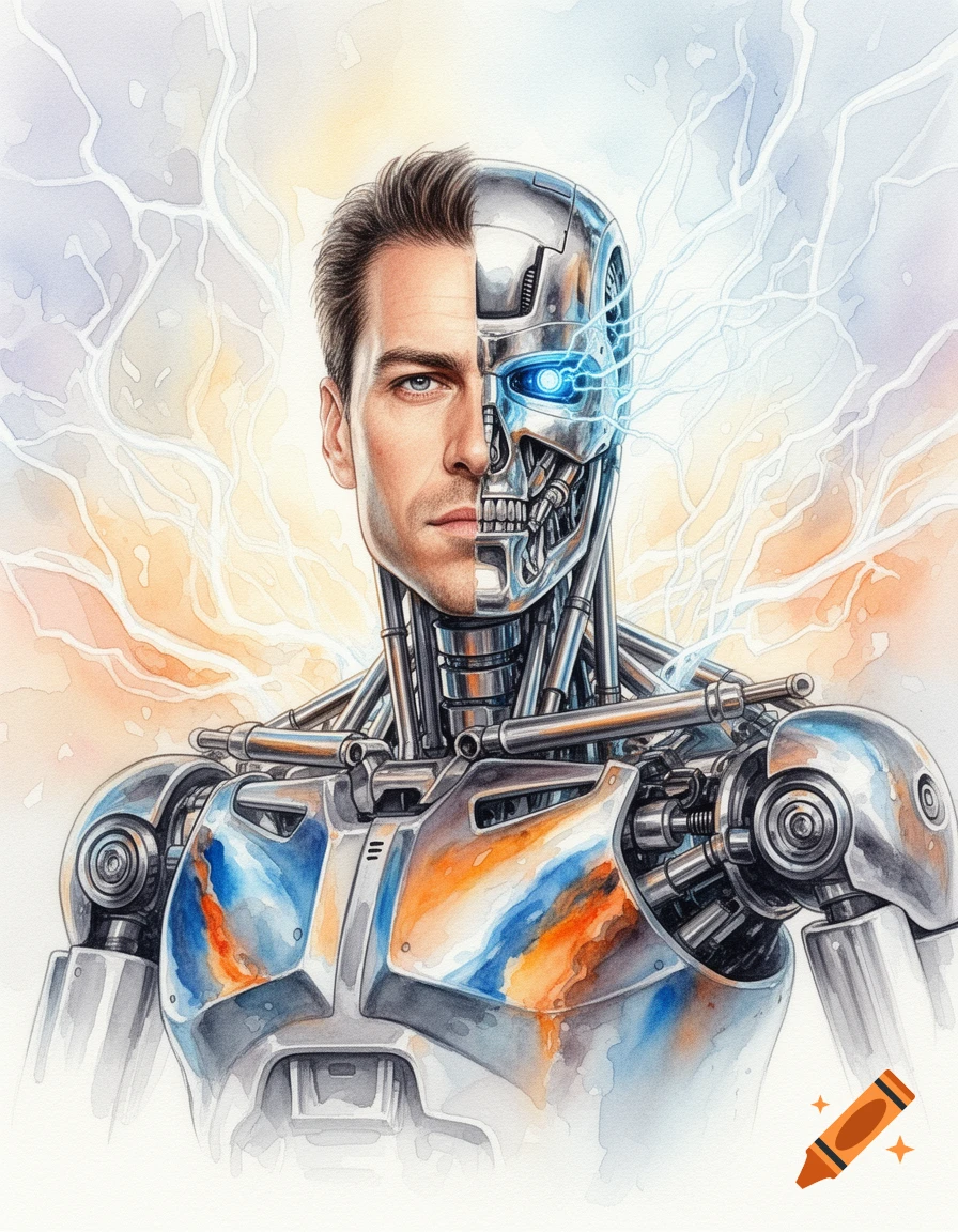 Watercolor portrait of a man's face split with a metallic cyborg skull, glowing blue eye, mechanical body, and lightning background.