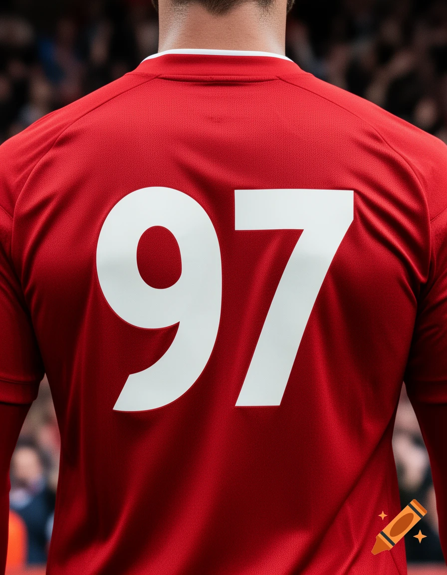 Back of a person wearing a red Liverpool football jersey with the large white number 97, in a stadium setting.