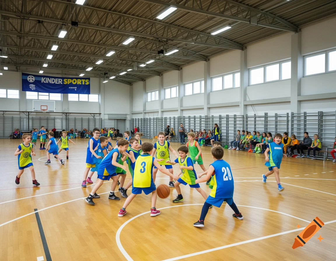 Children playing basketball in an indoor gymnasium, wearing blue and yellow jerseys, with a "KINDER SPORTS" banner.