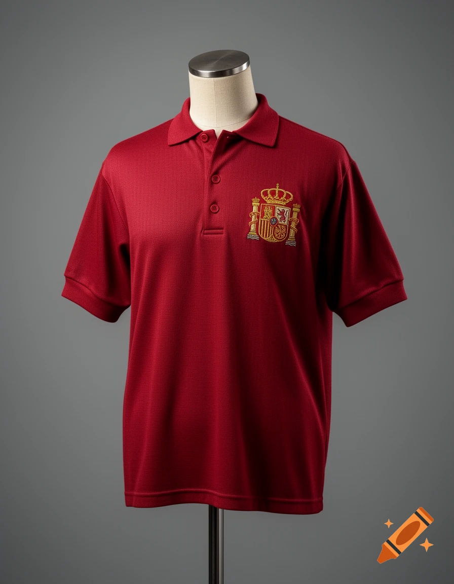 A red polo shirt with the Spanish coat of arms embroidered on the chest, displayed on a mannequin.