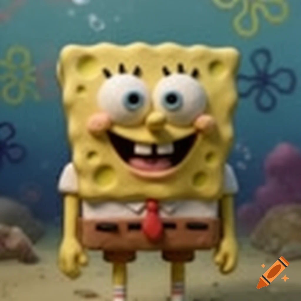 A blurry, low-fidelity Spongebob Squarepants with big eyes and a wide smile, standing underwater with faint coral and bubbles.