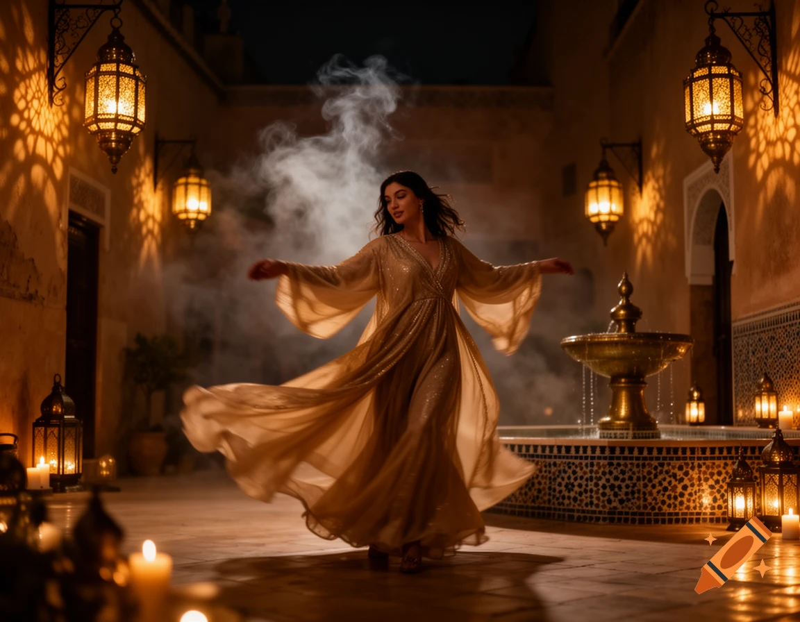 A woman in a flowing golden dress dances in a mystical, candlelit Moroccan courtyard with glowing lanterns and a fountain.