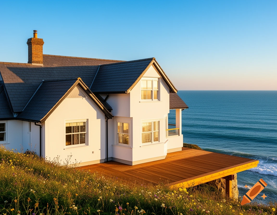 Photorealistic white house with a dark roof on a grassy clifftop, a wooden deck extends over the blue ocean under a clear sky.
