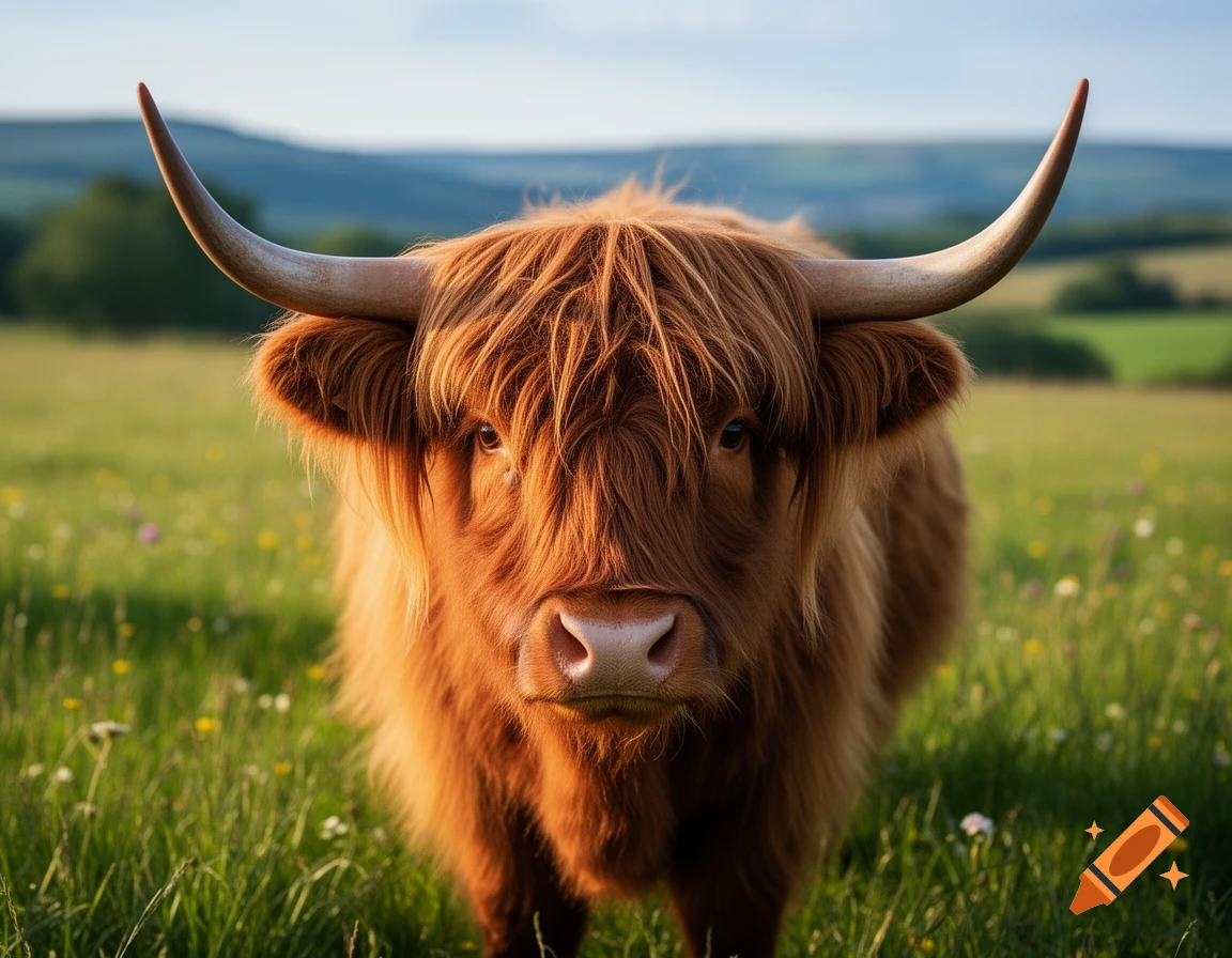 Photorealistic close-up of a shaggy brown Highland cow with long horns standing in a green field with wildflowers.