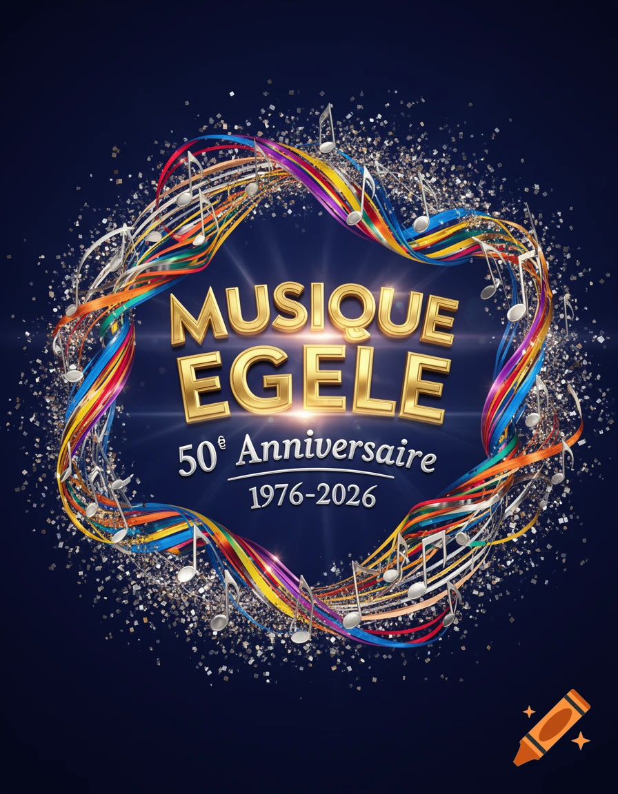 A dark blue background with gold 3D text "MUSIQUE EGELE" and "50e Anniversaire 1976-2026" encircled by colorful ribbons, musical notes, and sparkling glitter.