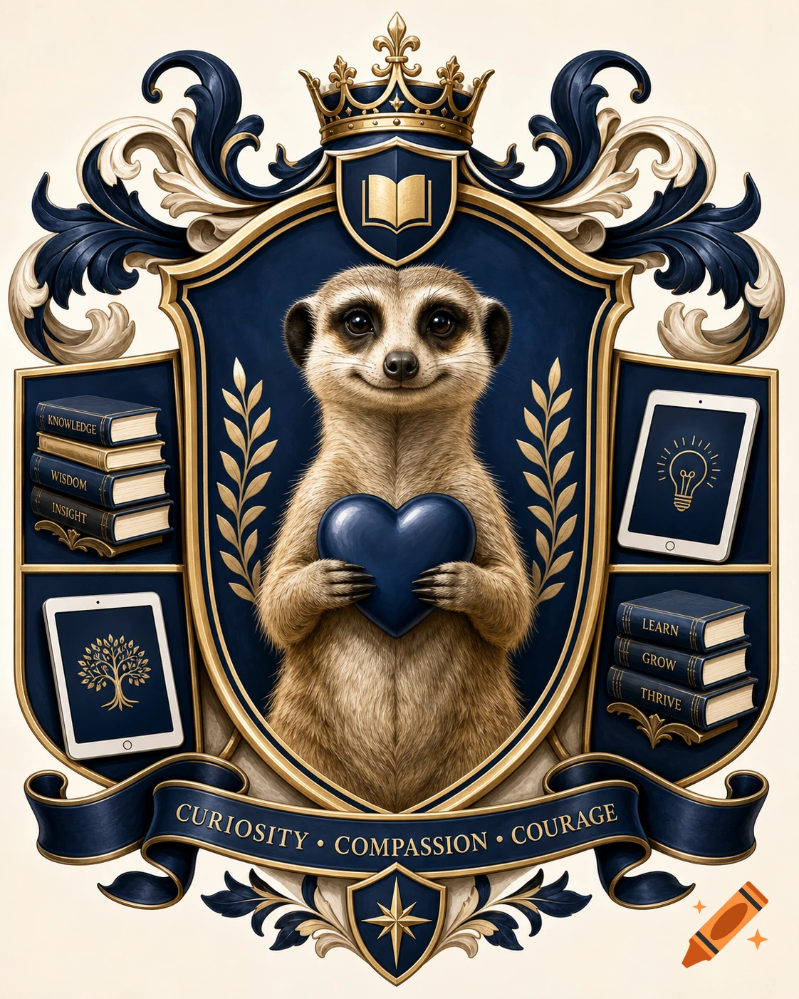 A detailed coat of arms featuring a smiling meerkat holding a blue heart, surrounded by books and tablets, on a dark blue and cream background, with a banner reading "CURIOSITY ". COMPASSION ". COURAGE".