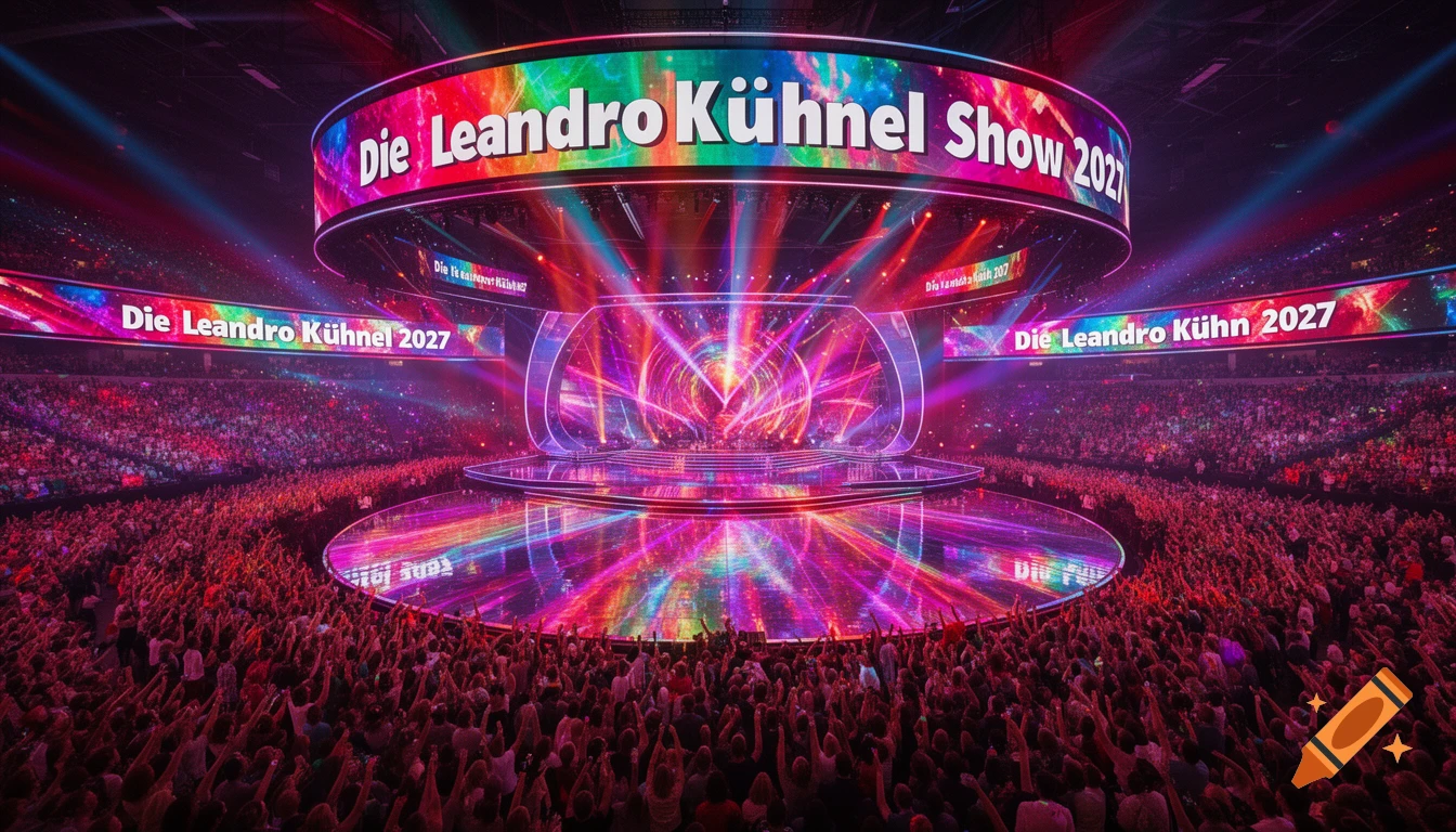 A large concert arena with a 360-degree stage featuring vibrant, colorful lights and a cheering crowd, displaying 'Die Leandro Kühnel Show 2027' on the main screen.