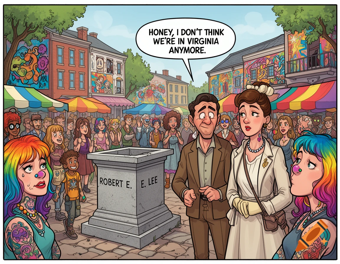 A cartoon shows a traditional couple looking bewildered in a town square filled with diverse, rainbow-haired people. An empty Robert E. Lee pedestal is central. The man says, "Honey, I don't think we're in Virginia anymore."