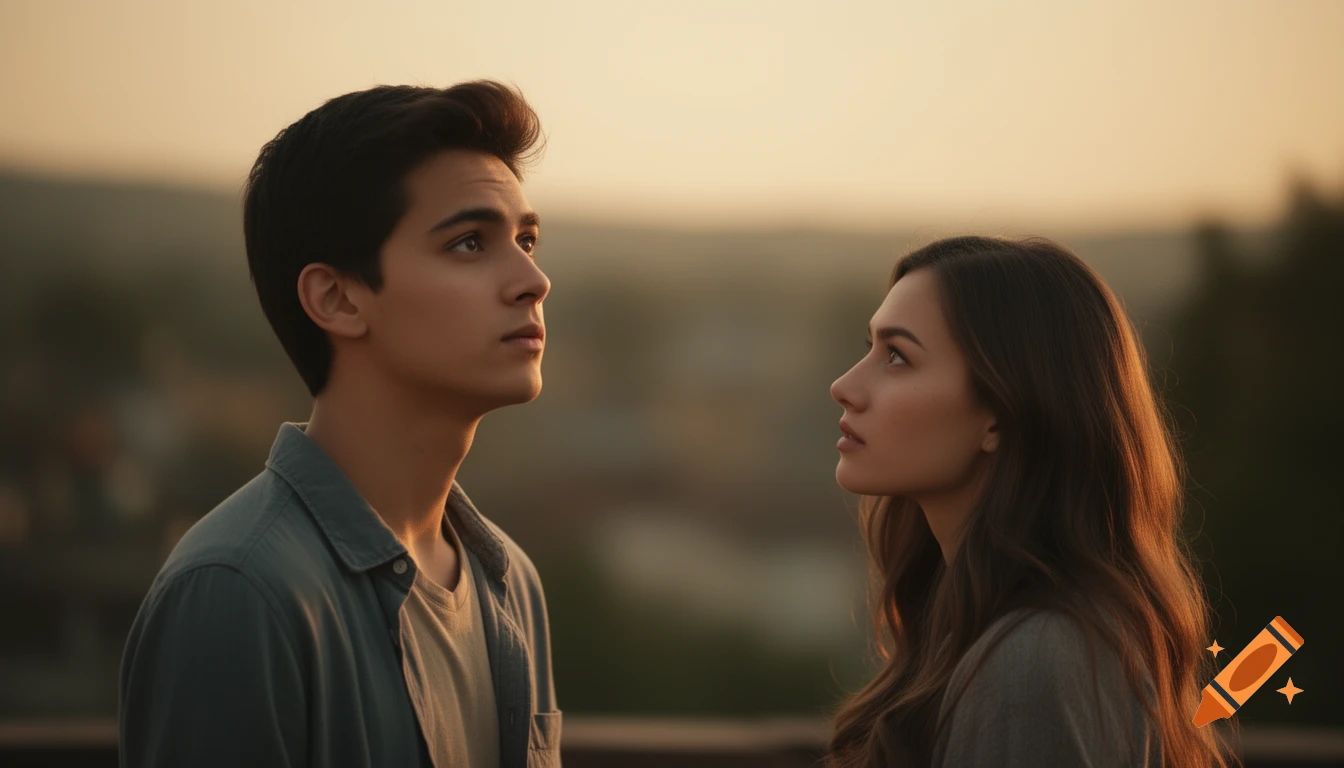 A young man and woman look upwards, illuminated by a soft golden hour glow, in a romantic, cinematic scene.