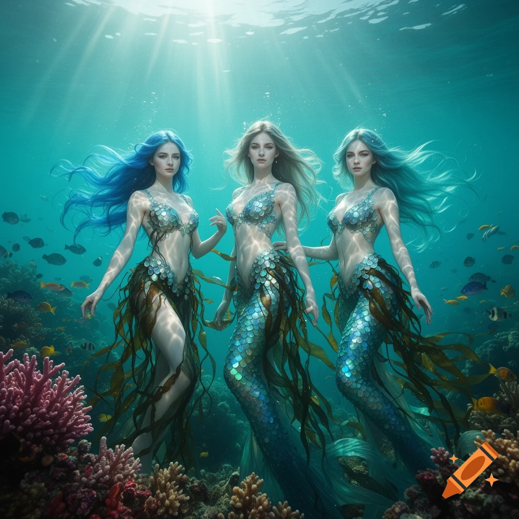 Three mermaids with shimmering tails and long flowing hair swim gracefully among vibrant coral and fish in a sunlit underwater scene.