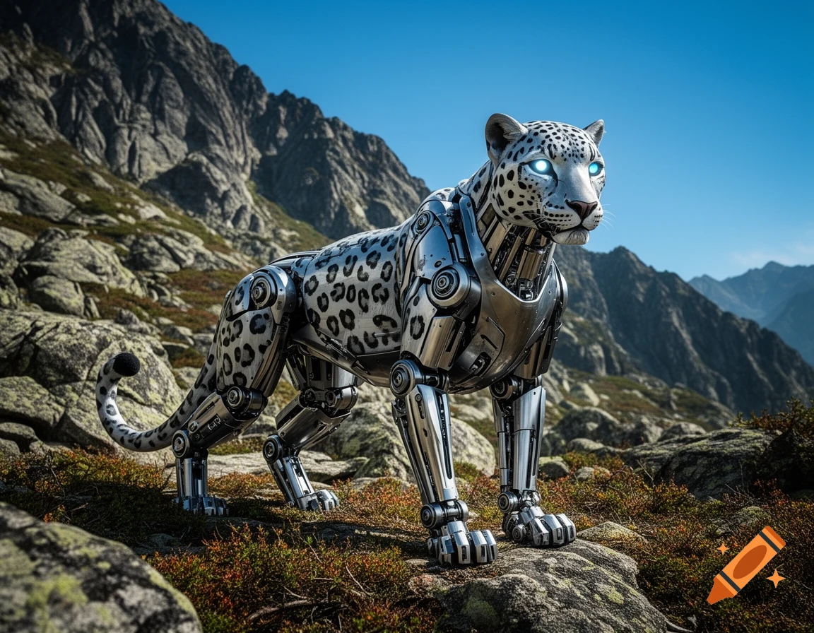 A photorealistic robotic snow leopard with metallic spotted fur and glowing blue eyes stands on a rocky mountain path under a clear blue sky.