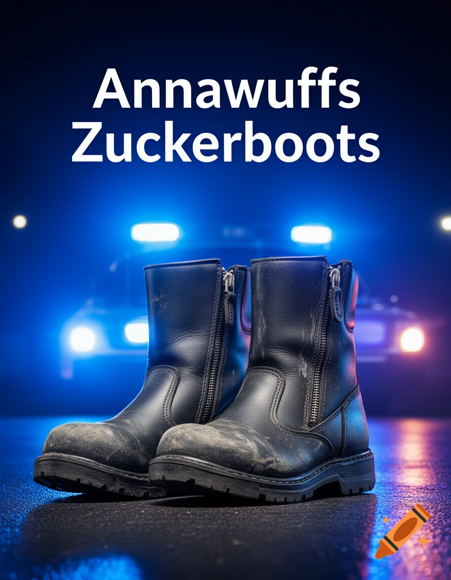 Dirty black work boots with zippers on wet ground, lit by blurry blue and red police car lights. Text: 'Annawuffs Zuckerboots'.