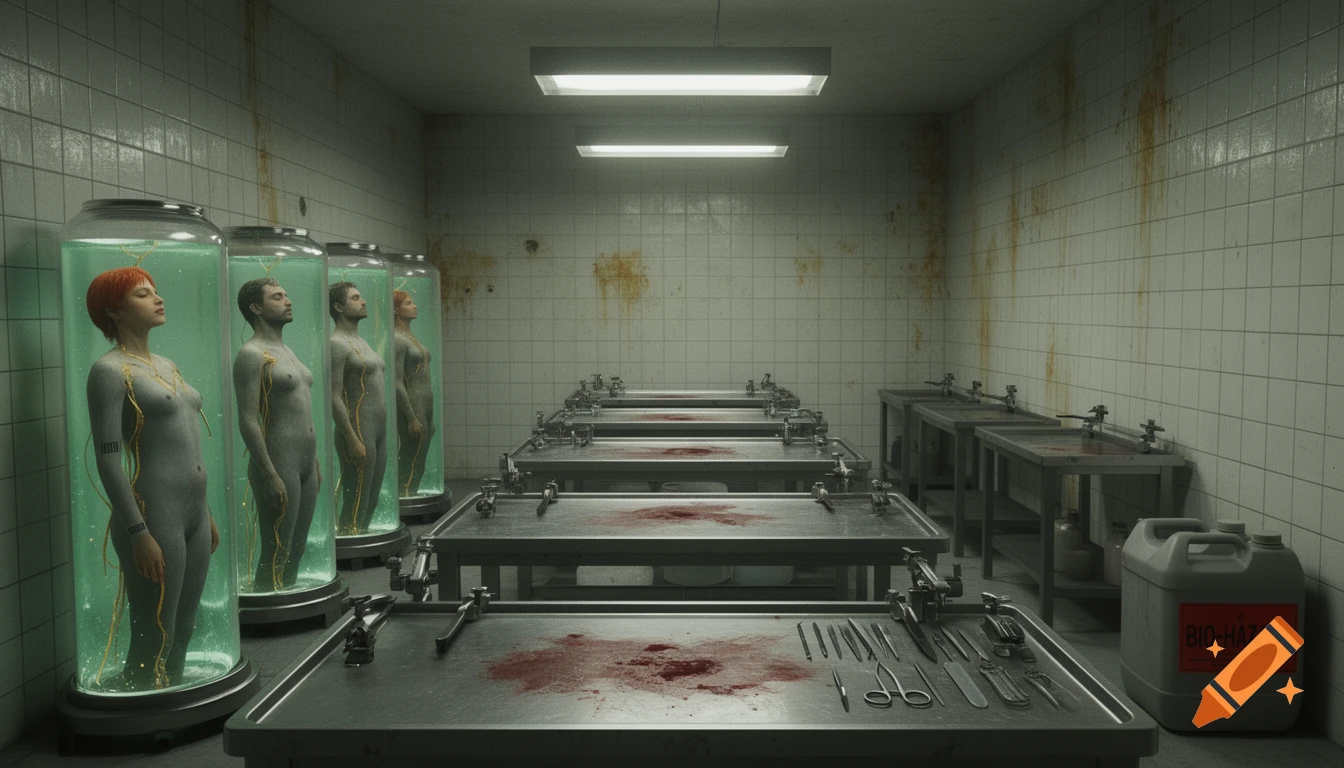 A creepy, grimy laboratory with four nude human figures suspended in liquid-filled tanks, and blood-stained steel operating tables.