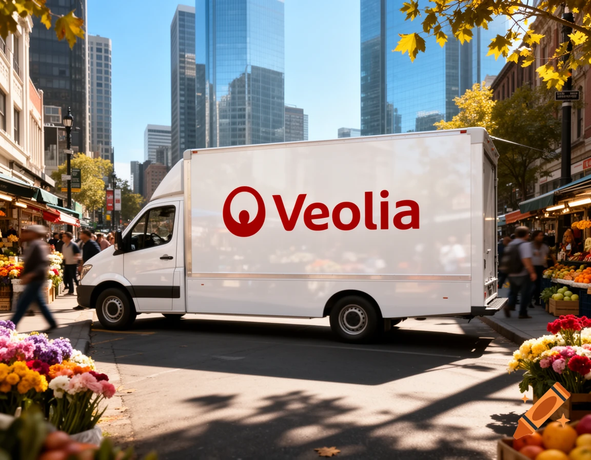 A white Veolia box van is parked on a sunny city street lined with market stalls and tall buildings.