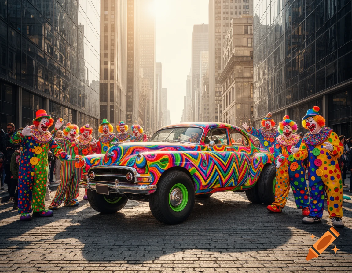 A group of colorful clowns in polka-dotted costumes surround an old-fashioned car painted with vibrant rainbow psychedelic patterns on a city street under bright sunlight.
