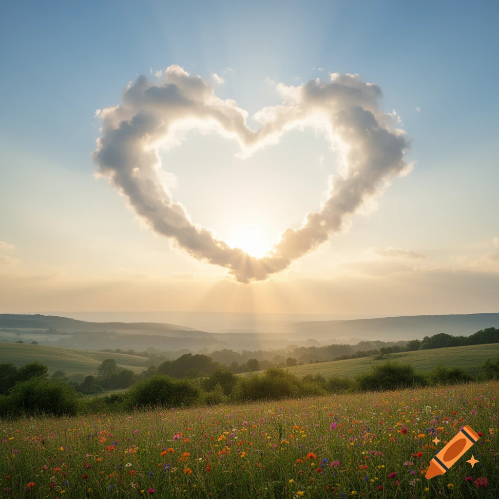Heart-shaped cloud with sun rays breaking through above a colorful wildflower field at sunset.