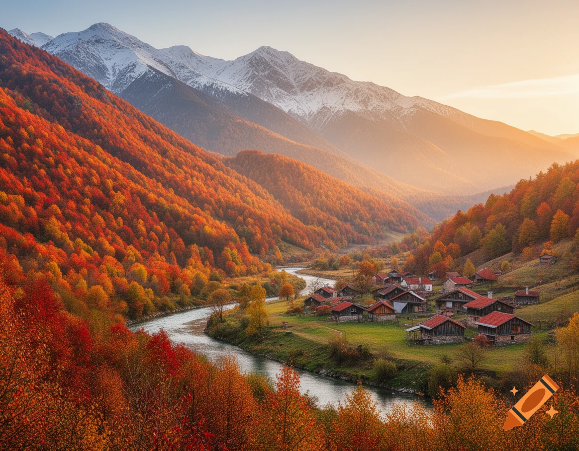Photorealistic autumn mountain landscape with a river flowing past a village, surrounded by vibrant fall foliage and snow-capped peaks under a warm sky.