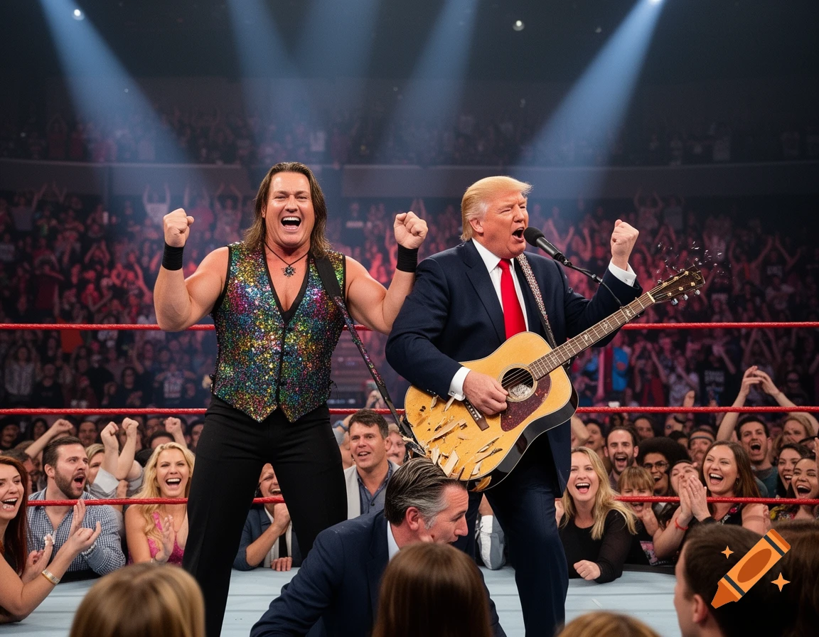 Donald Trump in a suit and tie sings into a microphone while holding a damaged acoustic guitar, standing with a wrestler in a sequined vest on a wrestling ring before a cheering crowd. Photorealistic style.