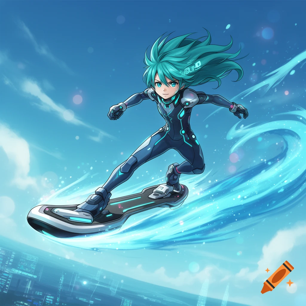 Anime character with teal hair on a hoverboard, soaring over a futuristic city against a blue sky, with glowing effects.