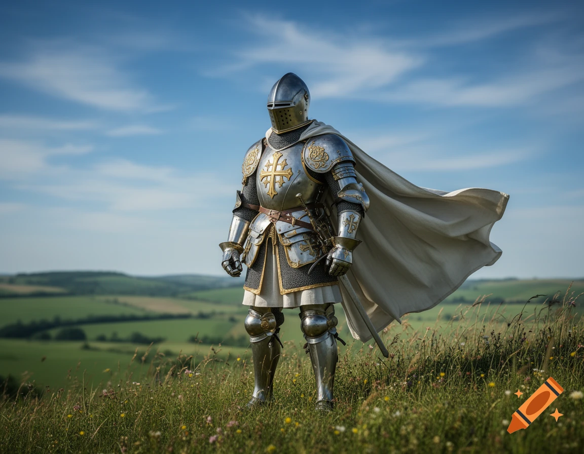 Photorealistic image of a knight in ornate, full-body armor and a white cape, standing in a sunny, green field.
