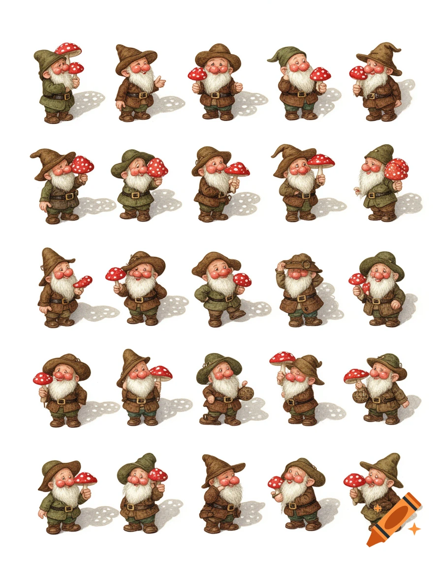 A grid of 25 whimsical, nostalgic gnomes wearing hats and holding red and white fly agaric mushrooms, on a white background.