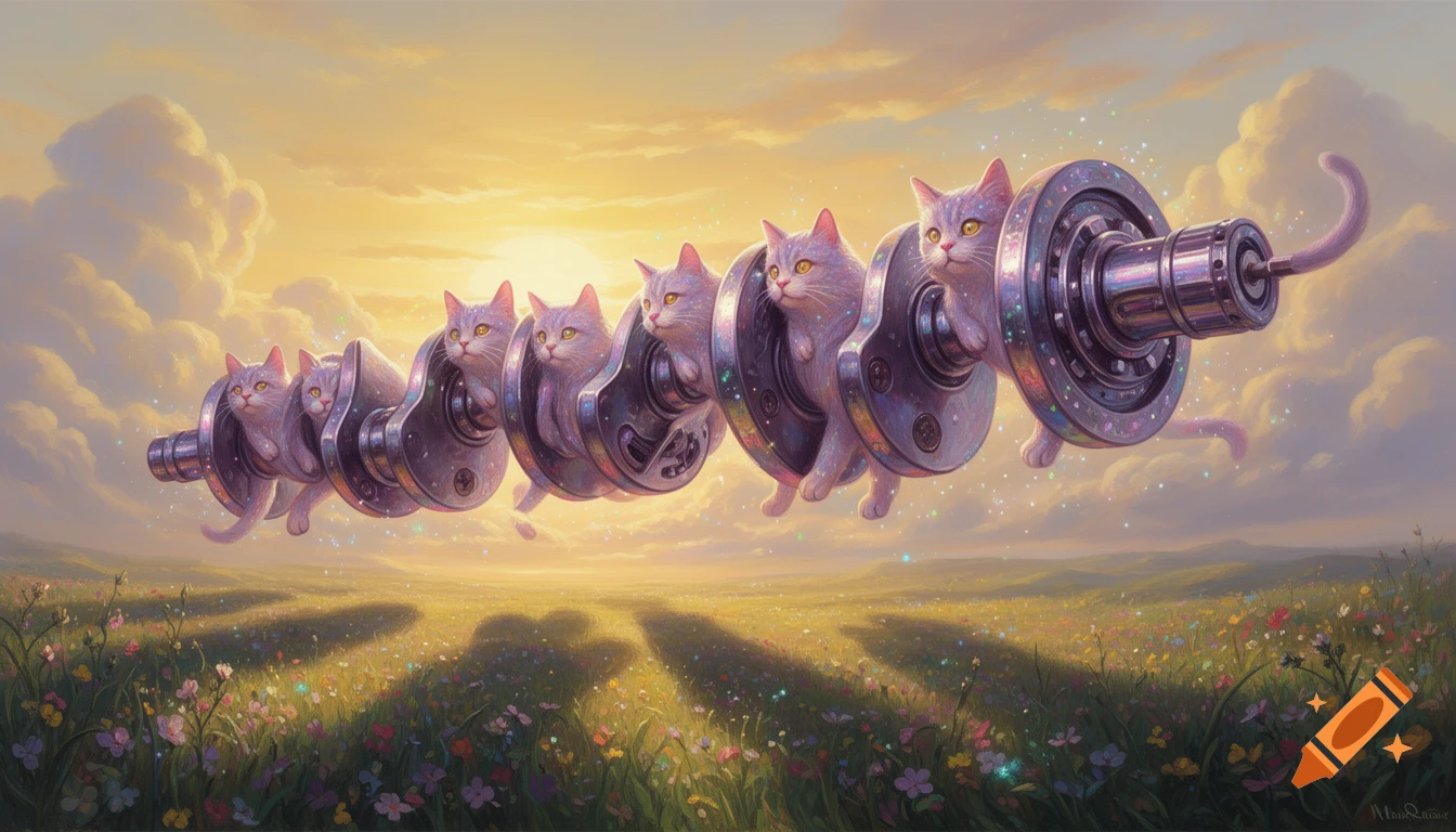 Linked cats forming a crankshaft fly across a vibrant wildflower field under a sunny, cloudy sky, in a surreal fantasy style.