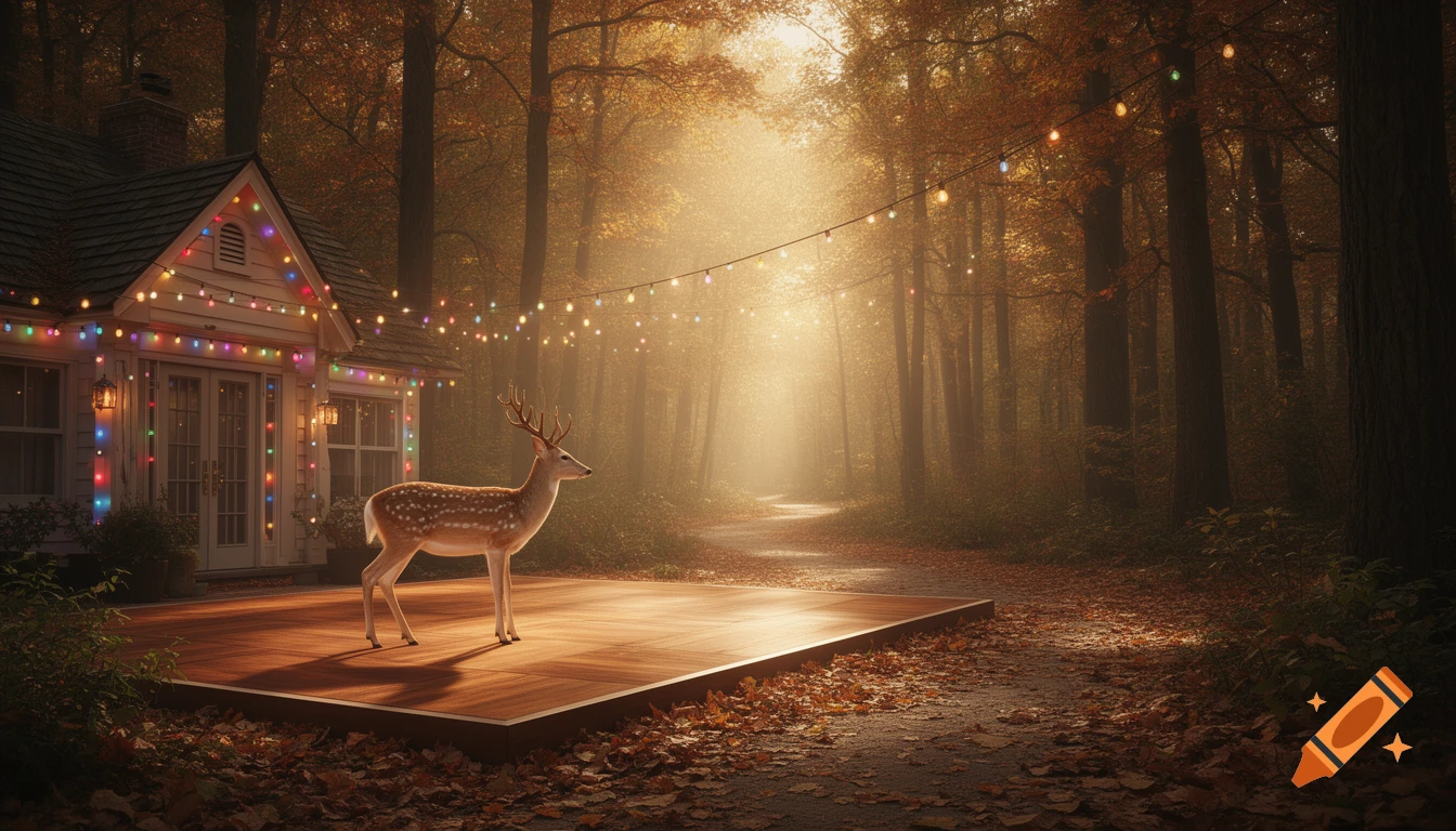 A photorealistic deer on a wooden terrace in front of a cottage with colorful string lights in a sunlit autumn forest.
