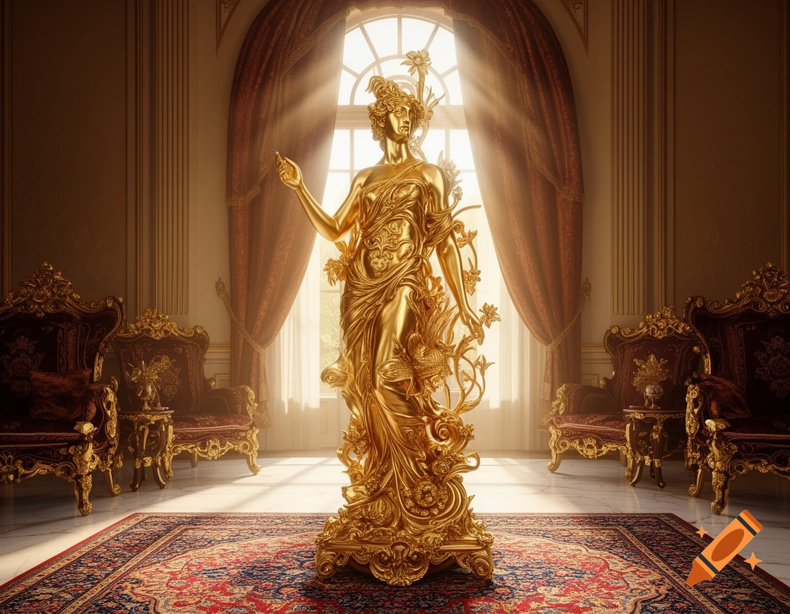 A gleaming golden statue of a classical female figure stands in a lavish, sunlit room with ornate furniture and a patterned rug.