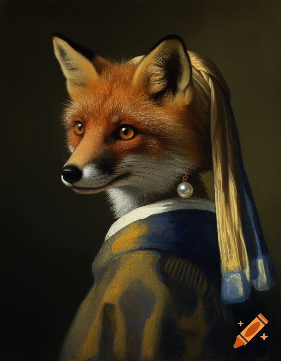 A detailed painting of a fox with a pearl earring and a headscarf, mimicking the 'Girl with a Pearl Earring'.