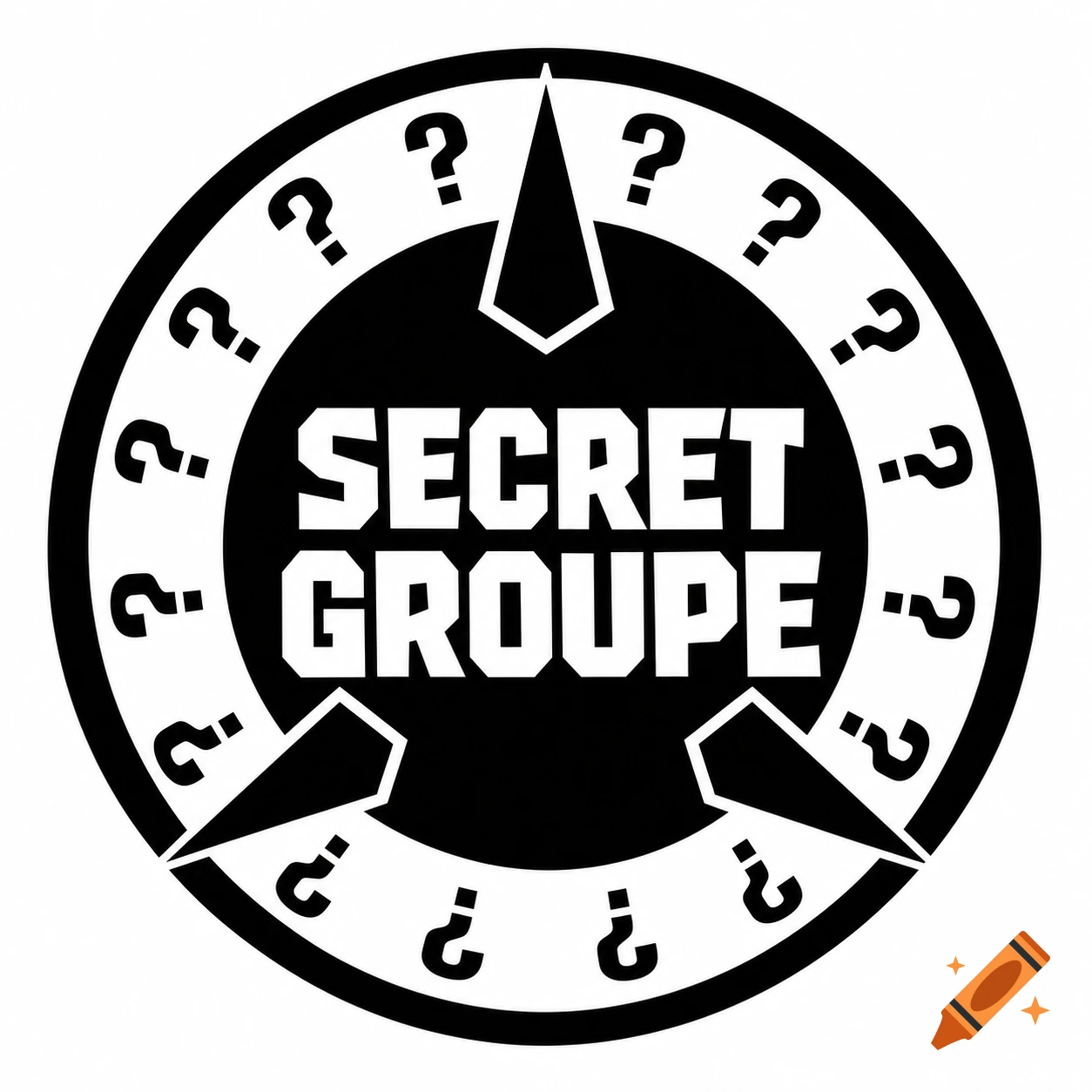 A black and white circular logo with 'SECRET GROUPE' in bold text, surrounded by question marks and three spikes.
